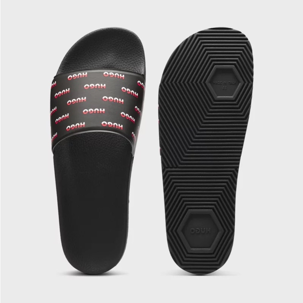 HUGO Black Slides / Sandal / Slipper with Red Logo Pattern NWT